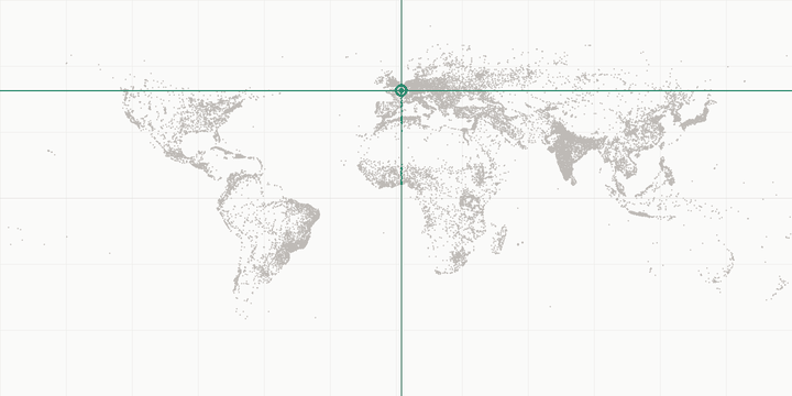 World map highlighting the position of Eiffel Tower